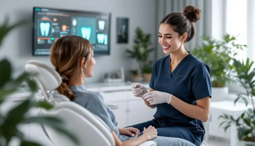 A dentist consulting with a patient about aesthetic dental treatments in a bright clinic.