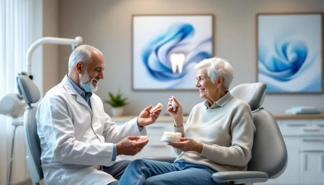 A dentist showing denture models to an elderly woman while discussing tooth replacement options.