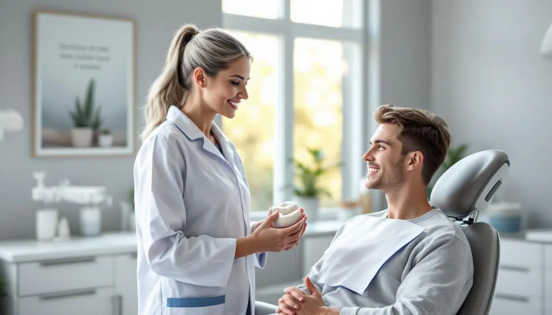 A dentist explaining veneers to a smiling patient in a modern dental clinic.