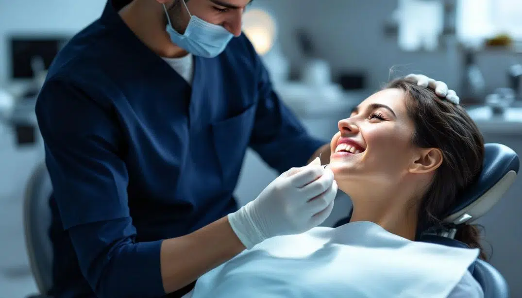 A dentist consulting with a patient about restorative solutions like crowns and bridges.