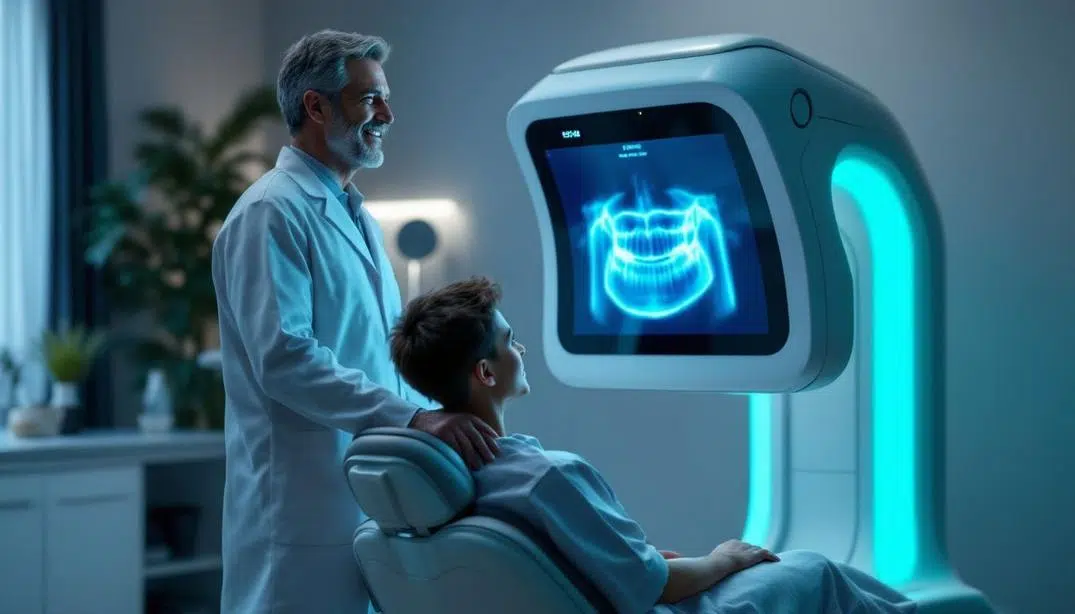 A dentist showing a patient their jaw X-ray on a futuristic digital display in a high-tech dental office.