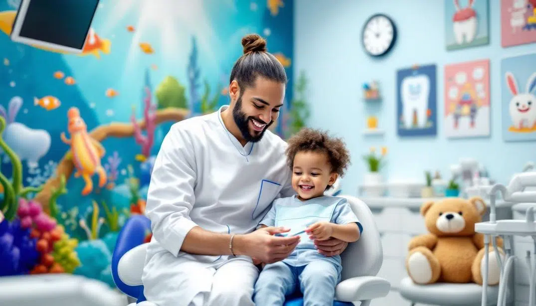 A dentist cheerfully interacting with a young child in a colorful, child-friendly dental office.