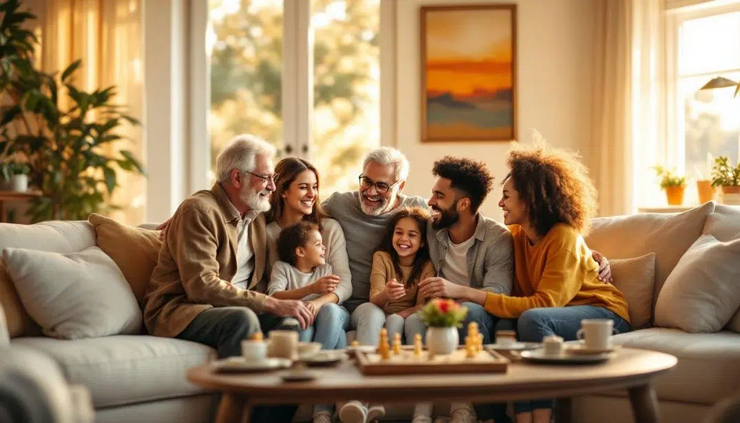 A multigenerational family gathered on a cozy couch, sharing smiles and bonding.