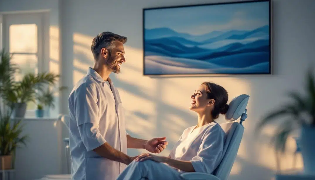 A dentist calmly reassuring a patient in a serene and softly lit dental office.