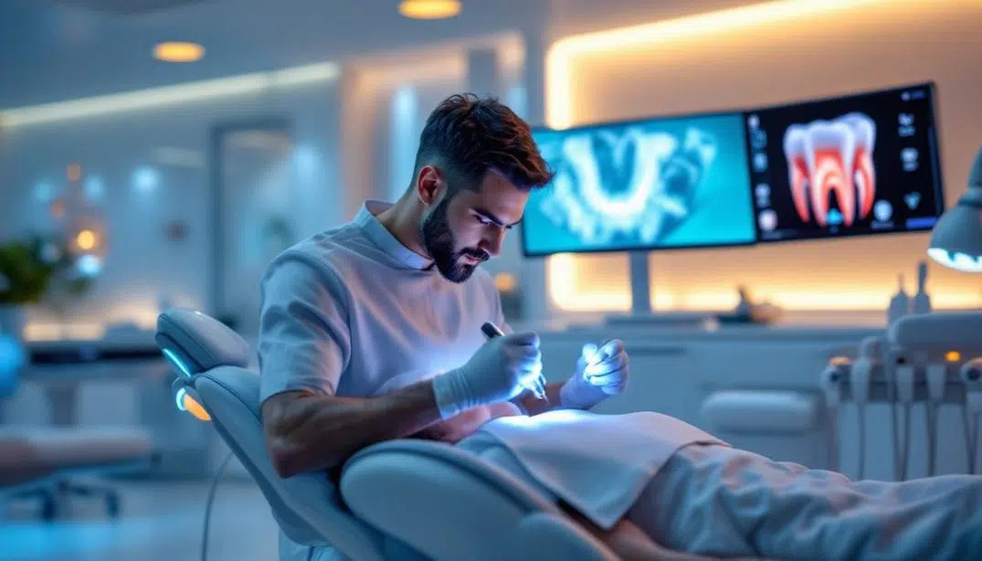 A dentist focused on precision dental work using advanced laser tools in a modern clinic.