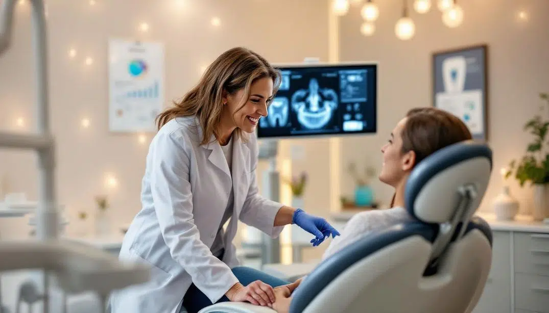 A dentist and patient discussing oral health care during a routine check-up.