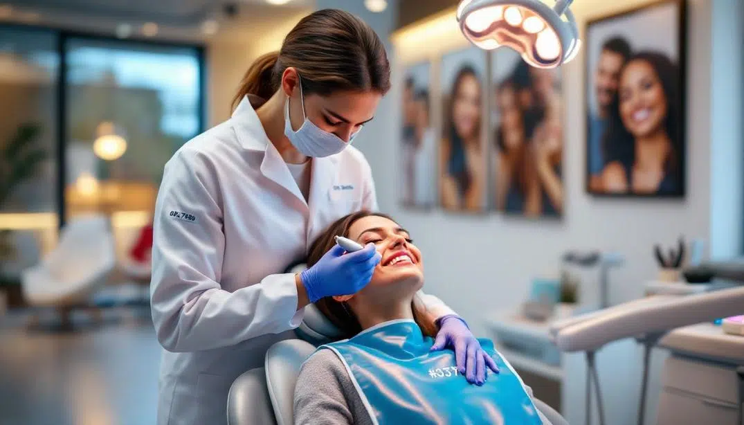 A patient receiving a professional teeth whitening treatment from a dental professional.