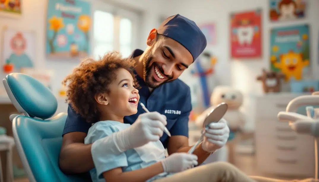 A dentist cheerfully showing dental tools to a smiling child during a checkup in a vibrant clinic.