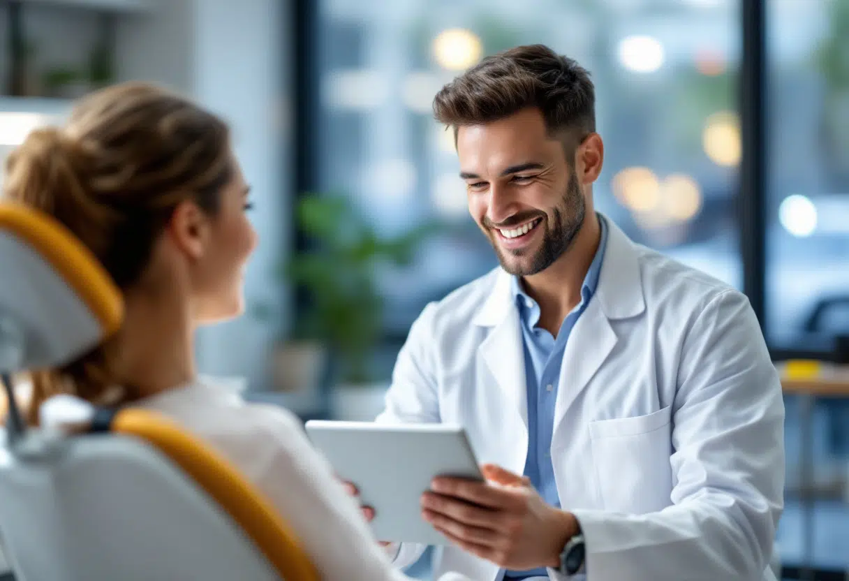 A dentist interacts with a tablet in a dental office, highlighting the impact of AI and digital tools in modern dentistry.