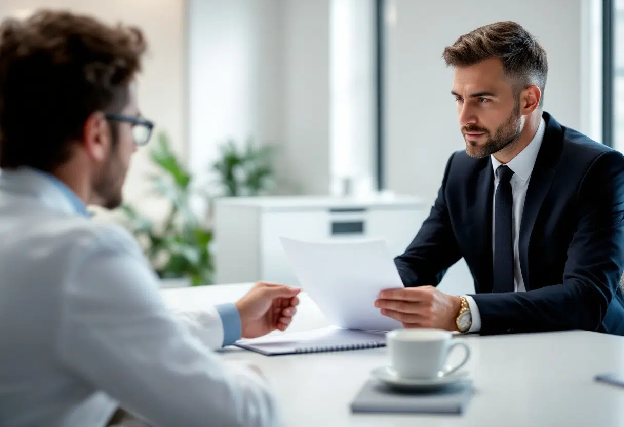 A doctor and a businessman in a meeting, discussing financial charts, symbolizing key factors in buying or selling a dental practice.