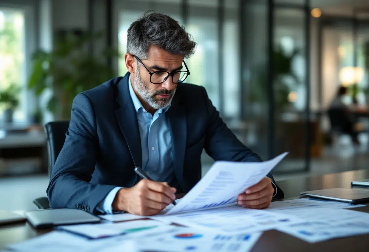 A professional in a suit carefully reviews documents, representing the due diligence required when evaluating a dental practice before purchase.