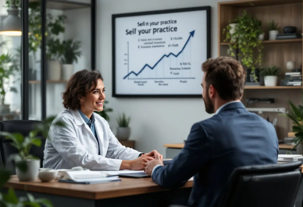 A female dentist consults with a business advisor in a professional setting, representing first-time dental practice buyers.