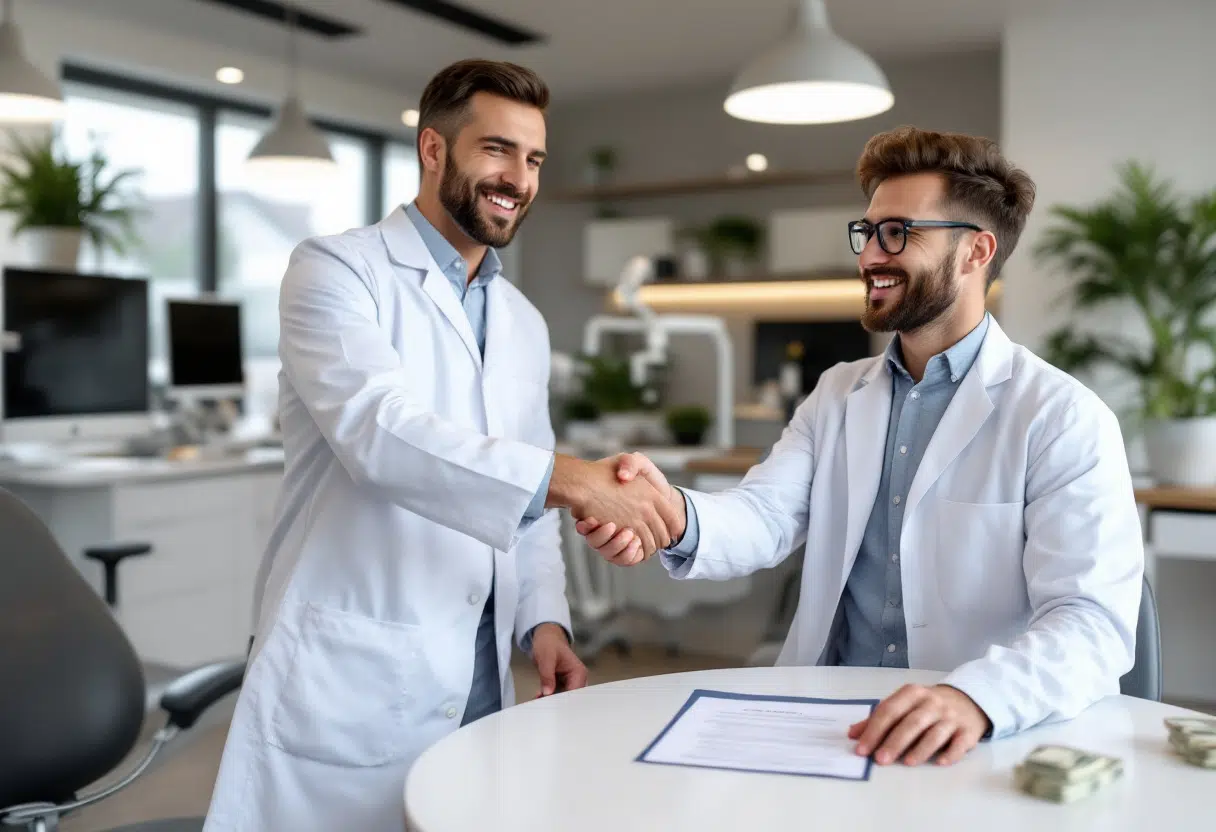 Two dentists shake hands in a well-lit office, representing strategies to increase the value of a dental practice before putting it on the market.