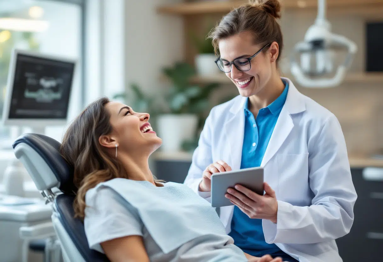 A dentist and a colleague discuss in a dental office, reflecting the shift towards corporate dentistry and its growing influence.