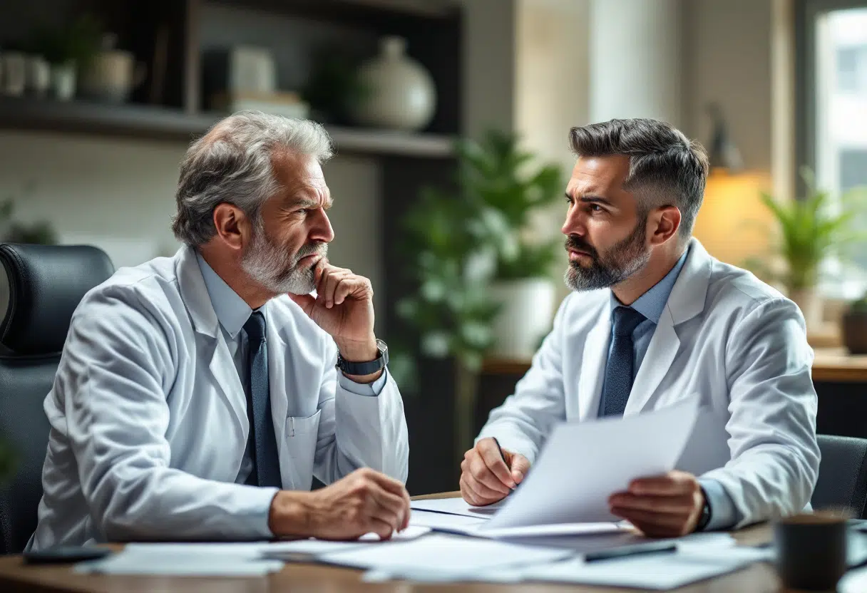 Two dentists in lab coats have a serious discussion, symbolizing the critical decisions involved in selling a dental practice.